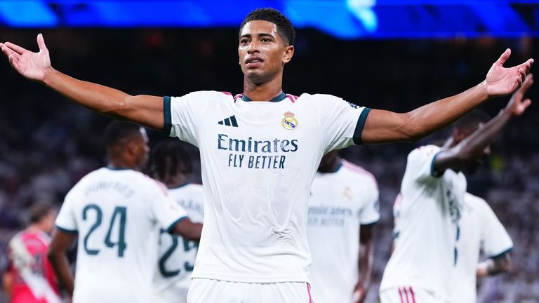 Real Madrid's Jude Bellingham celebrates scoring his side's 3rd goal during the Spanish La Liga soccer match between Real Madrid and Rayo Vallecano in Madrid, Spain, Saturday, Sept. 12, 2026. (AP Photo/Manu Fernandez)