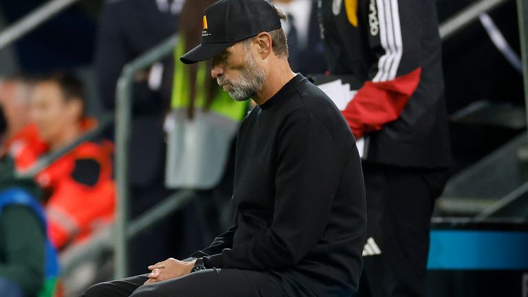 v.l.n.r.: Coach [coach] J?rgen Klopp (Germany), disappointment, dejected, depressed, frustration, disappointed, looking disappointed, disappointed, in the UEFA Nations League match between Germany and Greece at the WWK Arena, FC Augsburg, Germany, on Sep Photo by: Heiko Becker/picture-alliance/dpa/AP Images