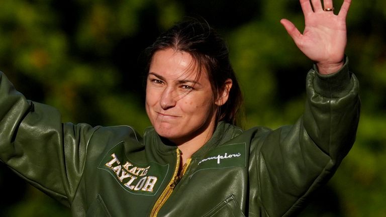 Katie Taylor waves to her fans at the weigh-in ahead of her final fight at Croke Park against Flora Pili