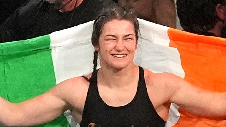 Katie Taylor celebrates the final win of her career