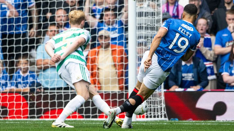 GLASGOW, SCOTLAND - SEPTEMBER 13: Rangers' Kevin Kelsy (R) puts a strike wide of the post during a Premier Sports Cup Quarter-Final match between Rangers and Celtic at Ibrox Stadium, on September 13, 2026, in Glasgow, Scotland. (Photo by Paul Devlin / SNS Group)
