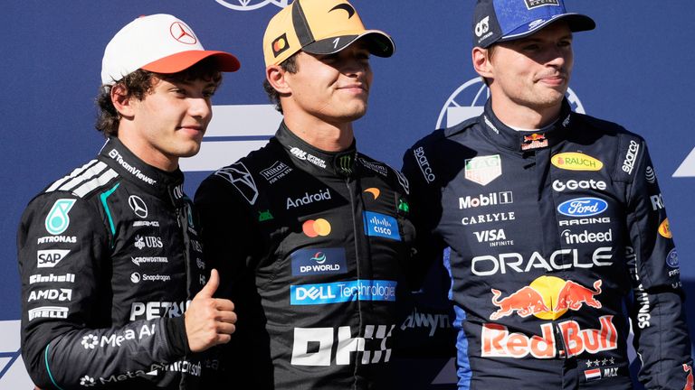 Kimi Antonelli, Lando Norris and Max Verstappen after qualifying in the top three for the Spanish GP