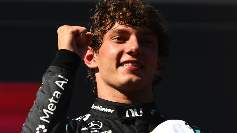 Kimi Antonelli celebrates his win at the Madring