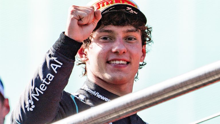 Kimi Antonelli celebrates victory at the Madring