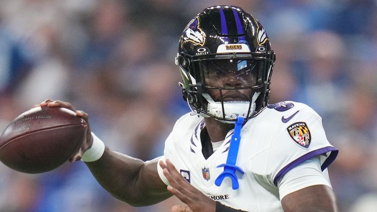 Baltimore Ravens' Lamar Jackson throws during the first half of an NFL football game against the Indianapolis Colts Sunday, Sept. 13, 2026, in Indianapolis. (AP Photo/Jeff Roberson)