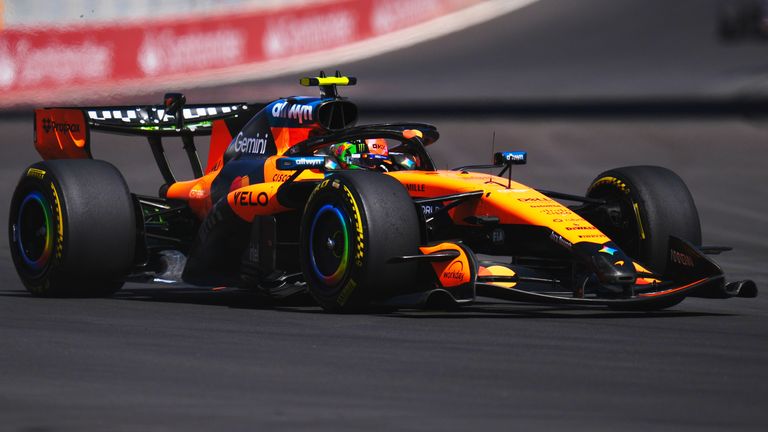 McLaren driver Lando Norris of Britain steers his car during the first free practice ahead of the Spanish Formula One Grand Prix, in Madrid, Friday, Sept. 11, 2026. (AP Photo/Manu Fernandez)