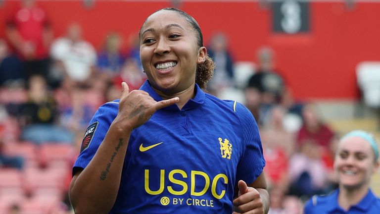 Lauren James celebrates after scoring Chelsea's third goal