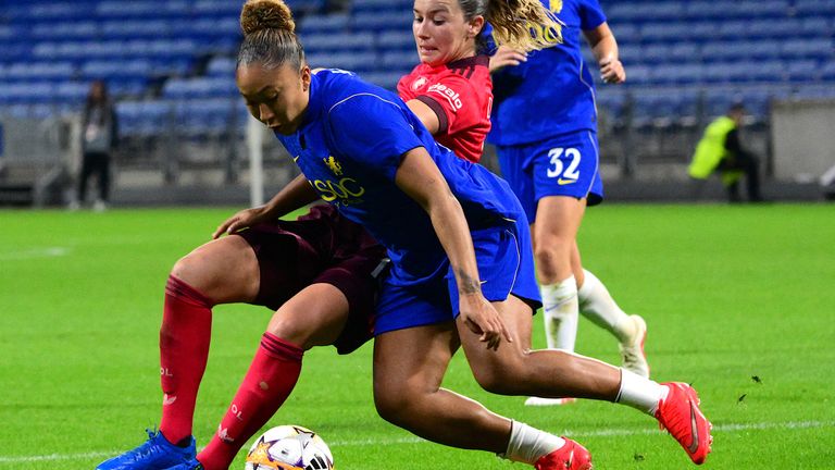 Chelsea winger Lauren James initially appeared to be fouled by Lyon defender Damaris Egurrola until a VAR review