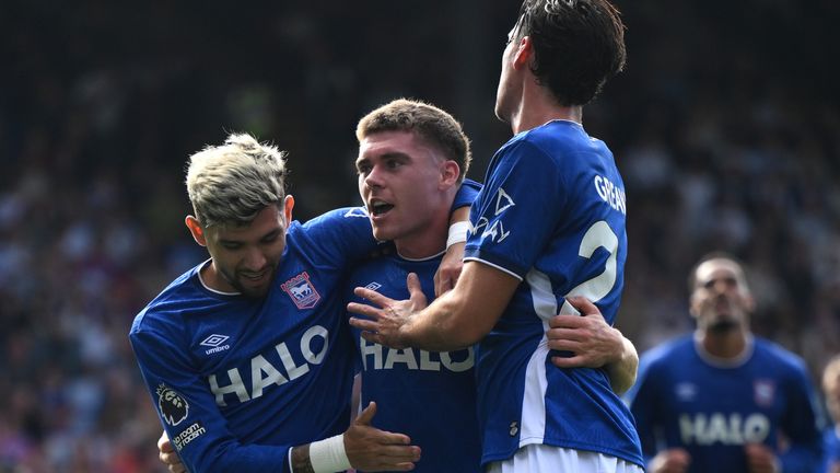 Leif Davis celebrates with team-mates after heading Ipswich in front against Crystal Palace