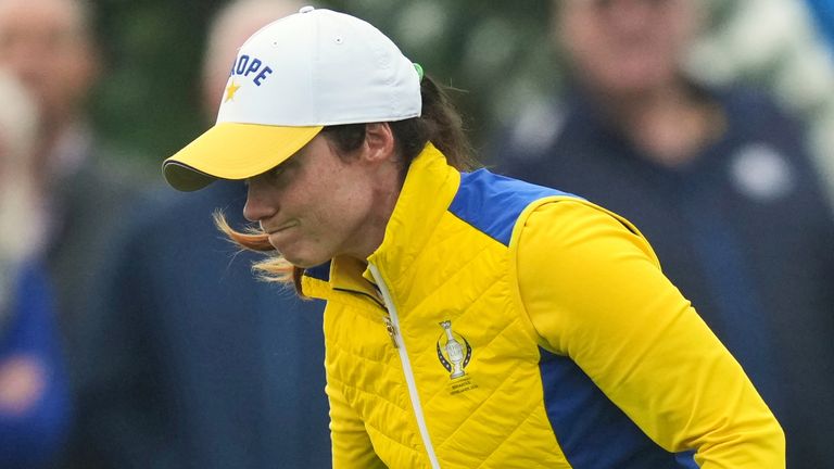 Leona Maguire of Europe reacts after sinking her putt on the first green during the Solheim Cup at the Bernardus Golf 