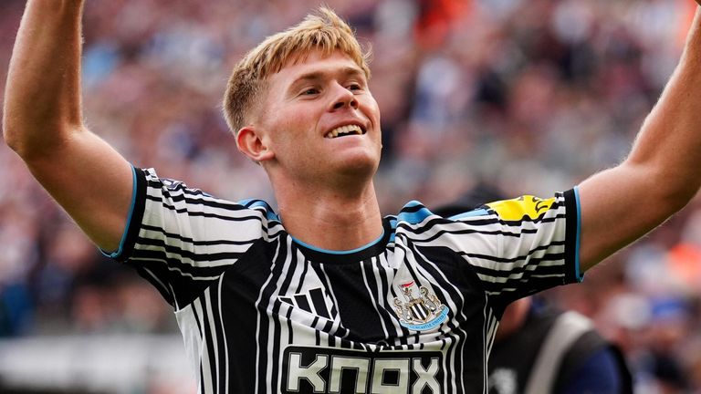 Lewis Hall celebrates after doubling Newcastle's lead against Hull