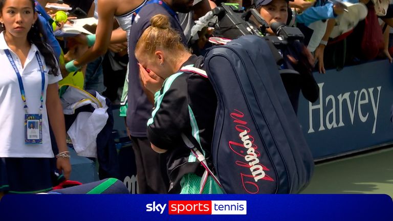 Heartbroken Kristina Liutova leaves court in tears after US Open defeat to Qinwen Zheng.