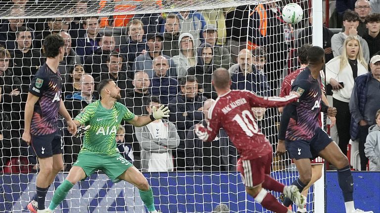 Alexis Mac Allister scores for Liverpool against Spurs in the Carabao Cup
