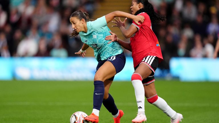 London City Lionesses' Rosa Kafaji (left) and Manchester United's Jayde Riviere battle for the ball