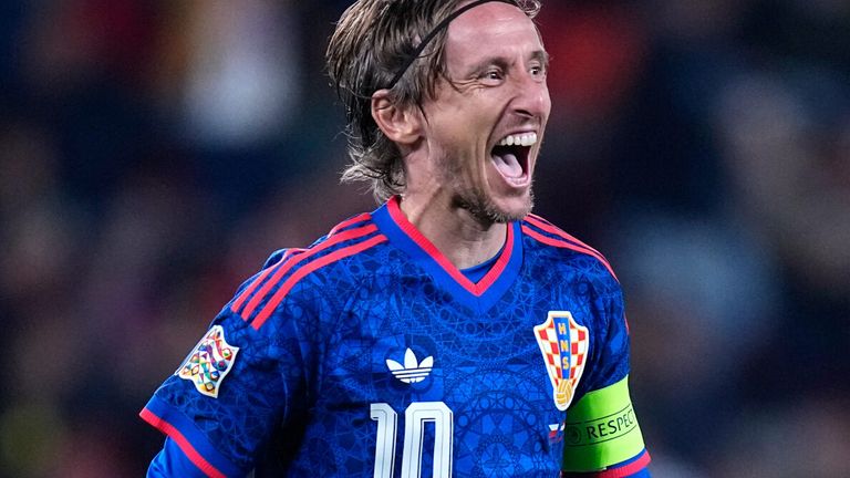 Croatia's Luka Modric celebrates after scoring the opening goal during the Nations League soccer match between Czechia and Croatia in Prague, Saturday, Sept. 26, 2026. (AP Photo/Petr David Josek)