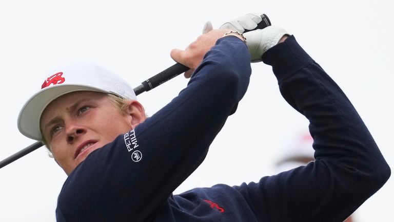 The Great Britain and Ireland team's Luke Poulter hits during practice before the Walker Cup 
