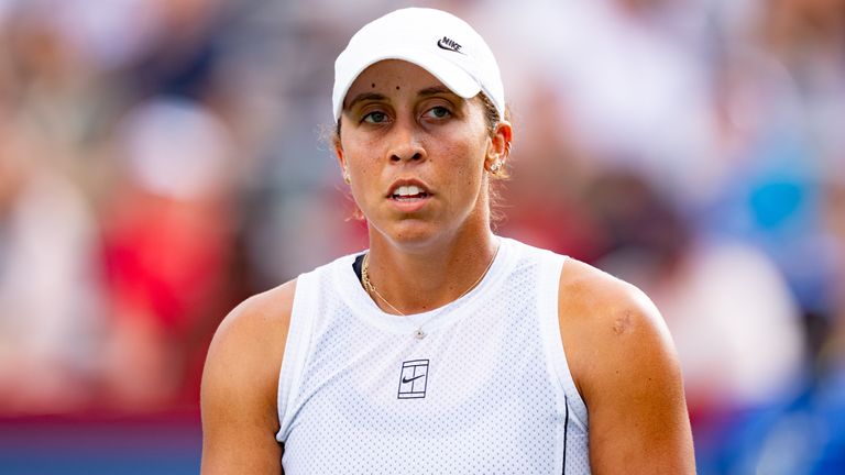 Madison Keys of the United States reacts during her match at the WTA National Bank Open tournament on August 6, 2026 at Sobeys Stadium in To