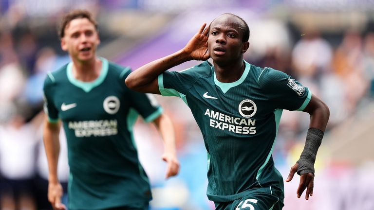 Brighton's Malick Yalcouye celebrates scoring their second goal of the game