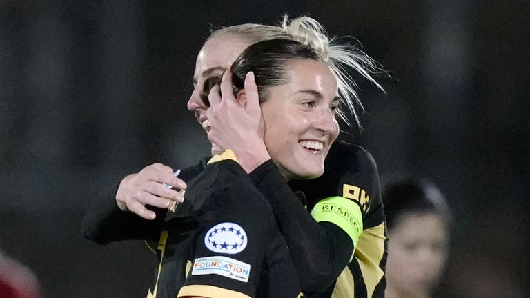 Manchester City's Carlotta Wamser celebrates with Alex Greenwood after scoring her side's second goal during the women's Champions League