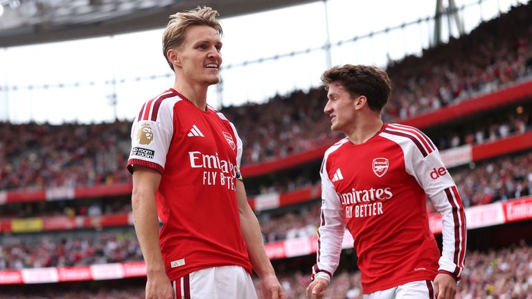 Martin Odegaard celebrates after scoring Arsenal's second goal against Chelsea