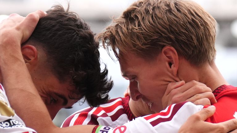 Martin Odegaard and Kai Havertz celebrate against Chelsea