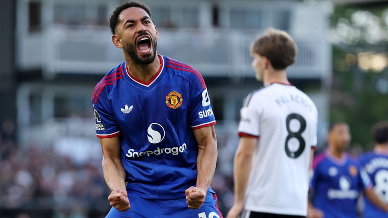Matheus Cunha celebrates after scoring a late equaliser for Manchester United at Fulham