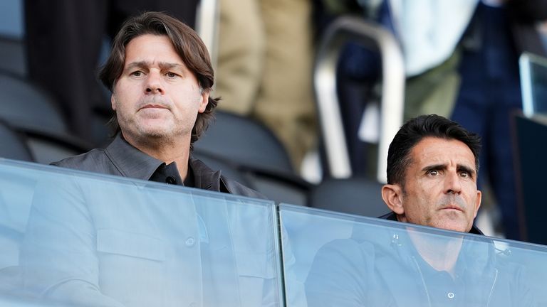 Pochettino (left) and assistant Jesus Perez were in attendance at Craven Cottage on Saturday to watch Fulham lose to Crystal Palace