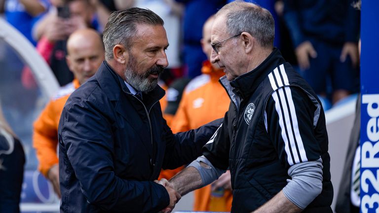 GLASGOW, SCOTLAND - SEPTEMBER 13: Rangers Manager Derek McInnes (L) and Celtic Manager Martin O'Neill shake hands ahead of kick off during a Premier Sports Cup Quarter-Final match between Rangers and Celtic at Ibrox Stadium, on September 13, 2026, in