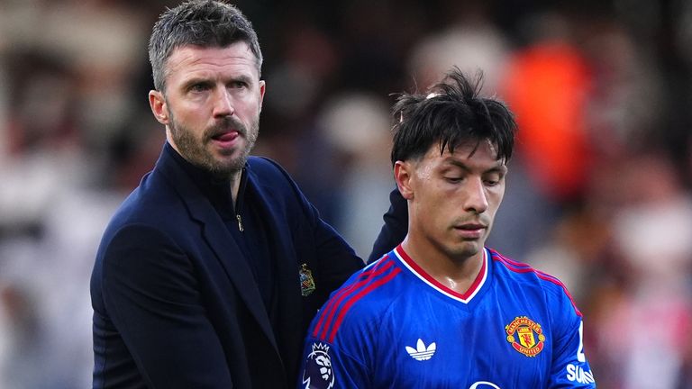 Michael Carrick with Lisandro Martinez after Man Utd's draw against Fulham, in which the defender scored an own goal