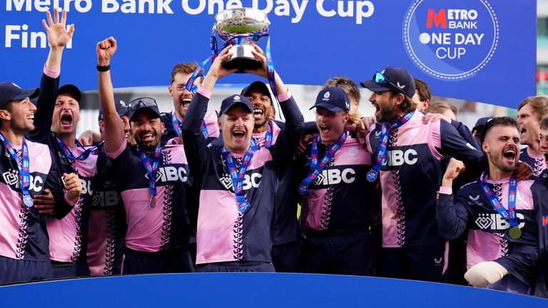 Middlesex's Ben Geddes lifts the One Day Cup trophy