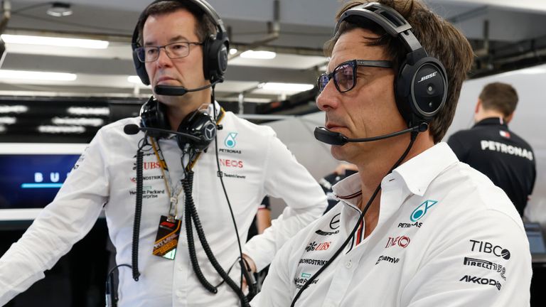 Mike Elliott (L) with Toto Wolff in the Mercedes garage in 2022