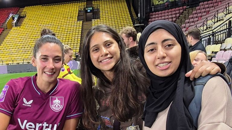 Pakistan Women duo Zahmena Malik  and Amina Hanif (R) were at Watford vs Burnley to support Safia Middleton-Patel and Millie Chandarana (R)