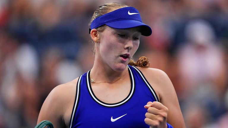 Mirra Andreeva, of Russia, reacts during a match against Janice Tjen, of Indonesia, during the first round of the U.S. Open tennis champions