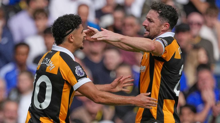 Hull City's Mohamed Belloumi celebrates with Lewie Coyle after scoring (AP Photo/Dave Shopland)