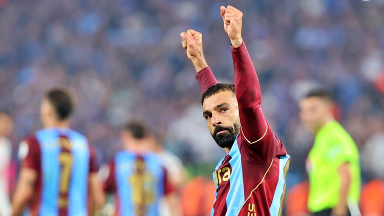 Mohamed Salah celebrates scoring for Trabzonspor against Galatasaray