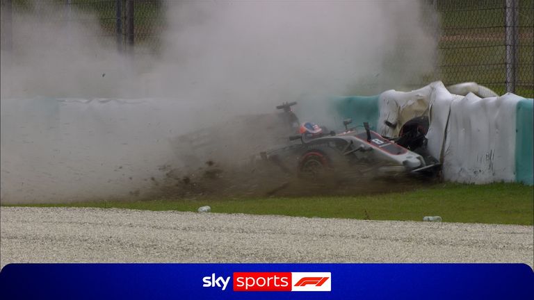 A loose drain cover caused Romain Grosjean to crash his Haas heavily in Malaysia during P2 in 2017.