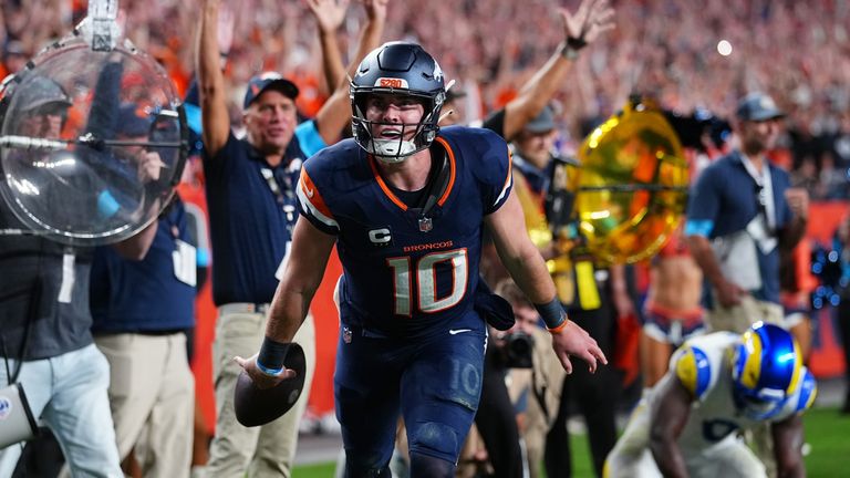 Denver Broncos quarterback Bo Nix reacts after ahis game-winning touchdown