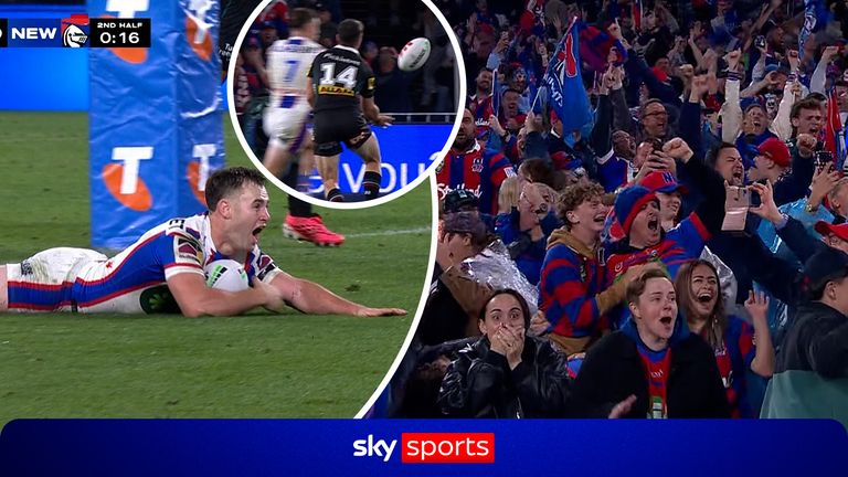 Sander Smith picks off Dylan Lucas' pass and races away under the posts to seal victory over the Penrith Panthers, sending the Newcastle Knights into the Grand Final and sparking emotional celebrations.