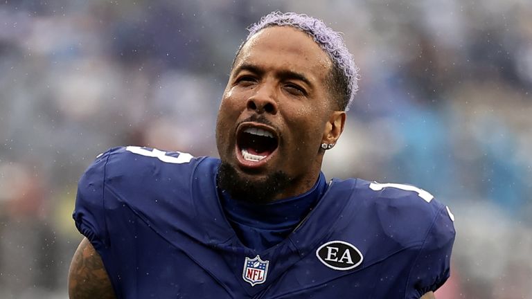New York Giants wide receiver Odell Beckham Jr. (13) during an NFL football game against the Tennessee Titans, Sunday, Sept. 27, 2026, in East Rutherford, N.J. (AP Photo/Adam Hunger)