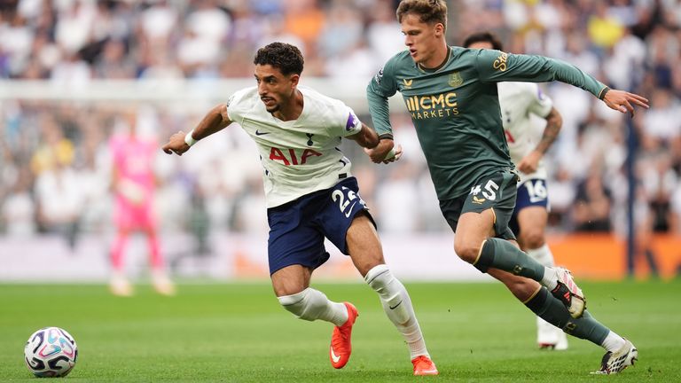 Omar Marmoush and Harrison Armstrong in Premier League action at the Tottenham Hotspur Stadium