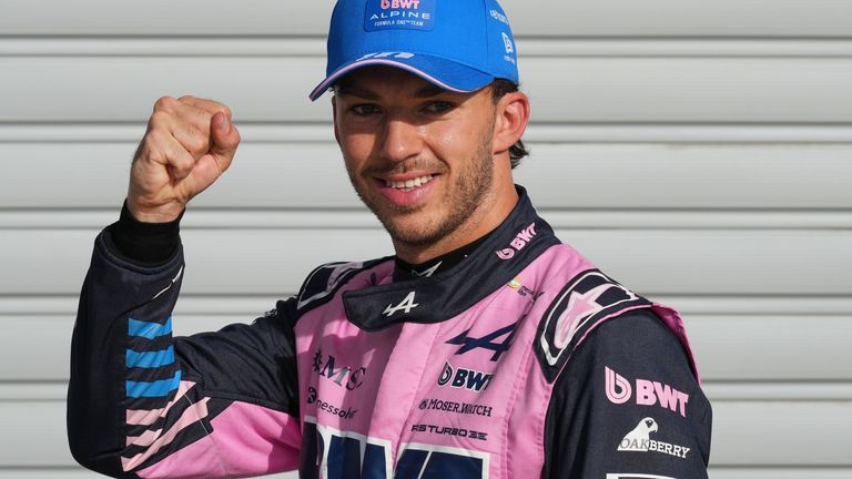 Alpine driver Pierre Gasly celebrates his pole position after the qualifying for the Italian GP