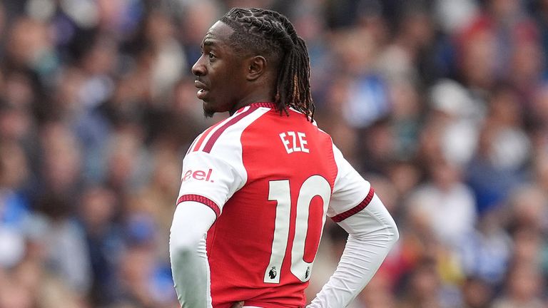 Substitute Eberechi Eze looks dejected during Arsenal's loss at Brighton
