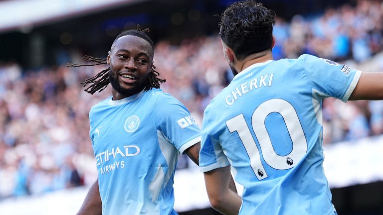 Antoine Semenyo celebrates with Rayan Cherki after restoring Manchester City's lead against Sunderland