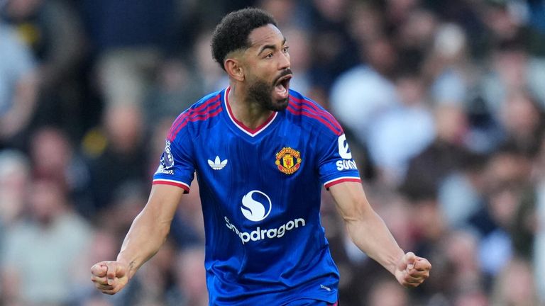 Matheus Cunha celebrates after his late deflected strike earns Manchester United a 1-1 draw at Fulham