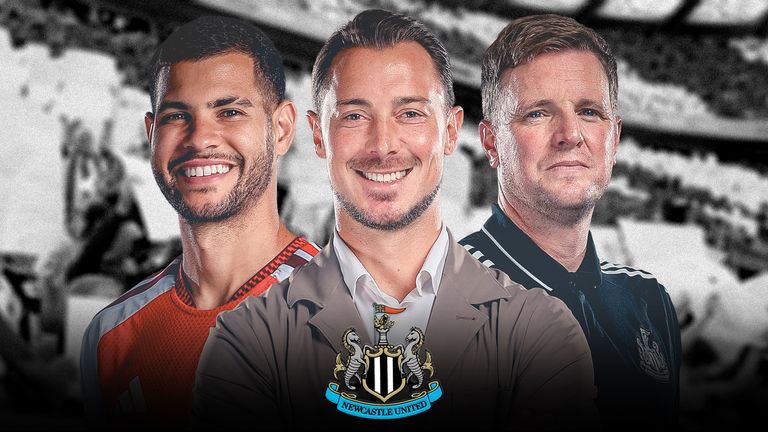 Matthias Jaissle (centre) replaced Eddie Howe (right) as Newcastle boss this summer with captain Bruno Guimaraes leaving the club