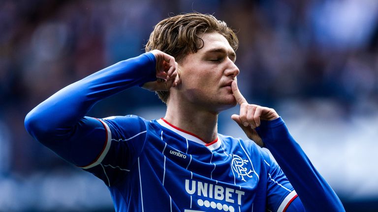 GLASGOW, SCOTLAND - SEPTEMBER 05: Rangers Ryan Naderi celebrates after scoring to make it 1-0 during a William Hill Premiership match between Rangers and Motherwell at Ibrox Stadium, on September 05, 2026, in Glasgow, Scotland. (Photo by Craig Foy / SNS Group)