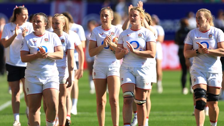 England players applaud the fans following victory in the Guinness Women's Six Nations 2026 match at Ashton Gate, Bristol