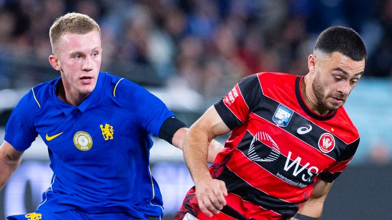 SYDNEY, AUSTRALIA - JULY 28: Dylan Scicluna of the Wanderers is challenged by Chelsea FC's Reggie Watson during the Sydney Super Cup match between Western Sydney Wanderers and Chelsea FC at Accor Stadium on July 28, 2026 in Sydney, Australia. (Photo by Steve Christo - Corbis/Corbis via Getty Images)