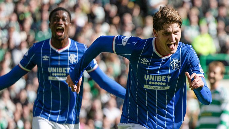 Ryan Naderi celebrates after giving Rangers the lead at Celtic Park