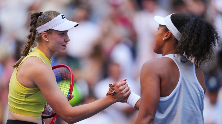 Elena Rybakina, of Kazakhstan, left, greets Naomi Osaka, of Japan, after winning a match during the fourth round of the U.S. Open tennis championships, Monday, Sept. 7, 2026, in New York. (AP Photo/Kirsty Wigglesworth)